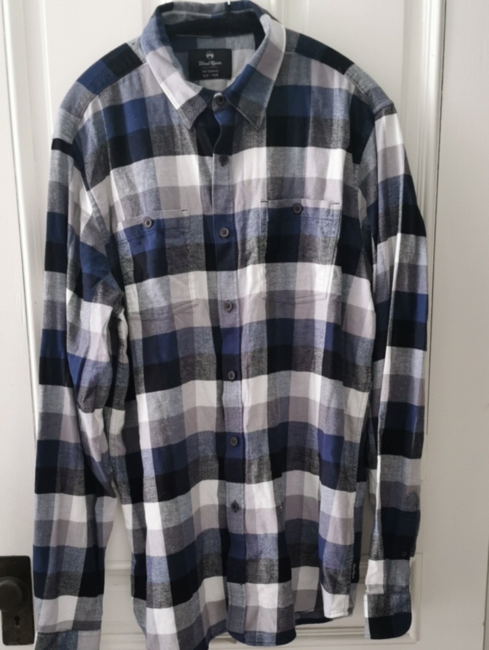 Mens WindRiver Blue Plaid Long-Sleeve Cabin Flannel Stretch Shirt. Size XL Tall